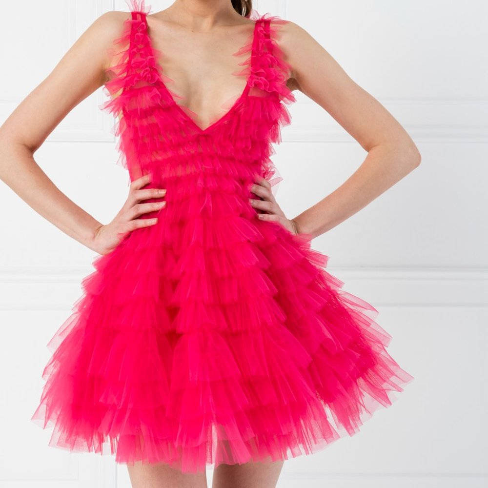 FUSCHIA TIERED RUFFLE PLUNGING TULLE MINI DRESS